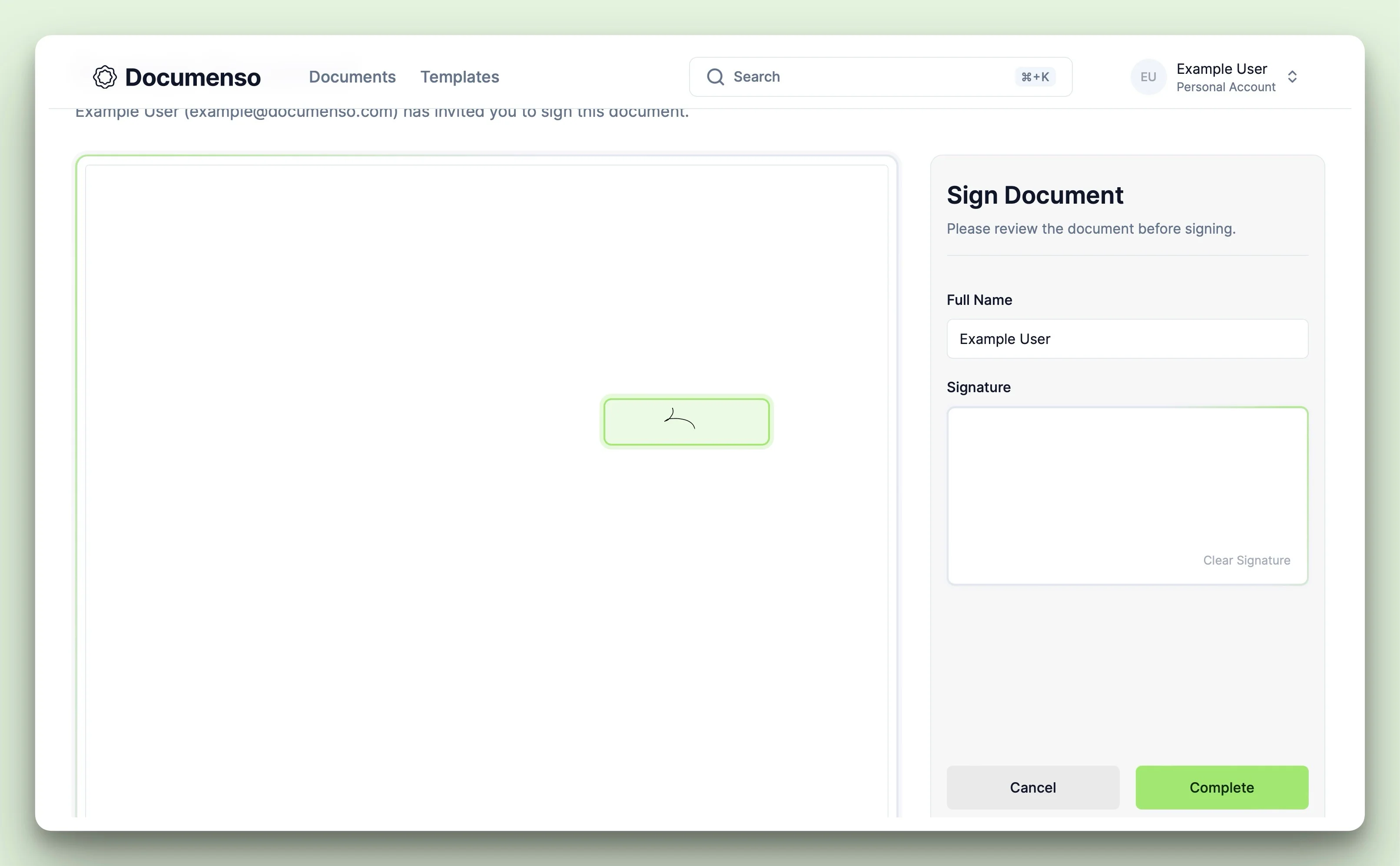 The signature field signed by the user in the Documenso document signing view