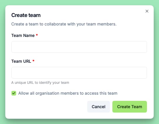 Team creation dialog with name and URL fields