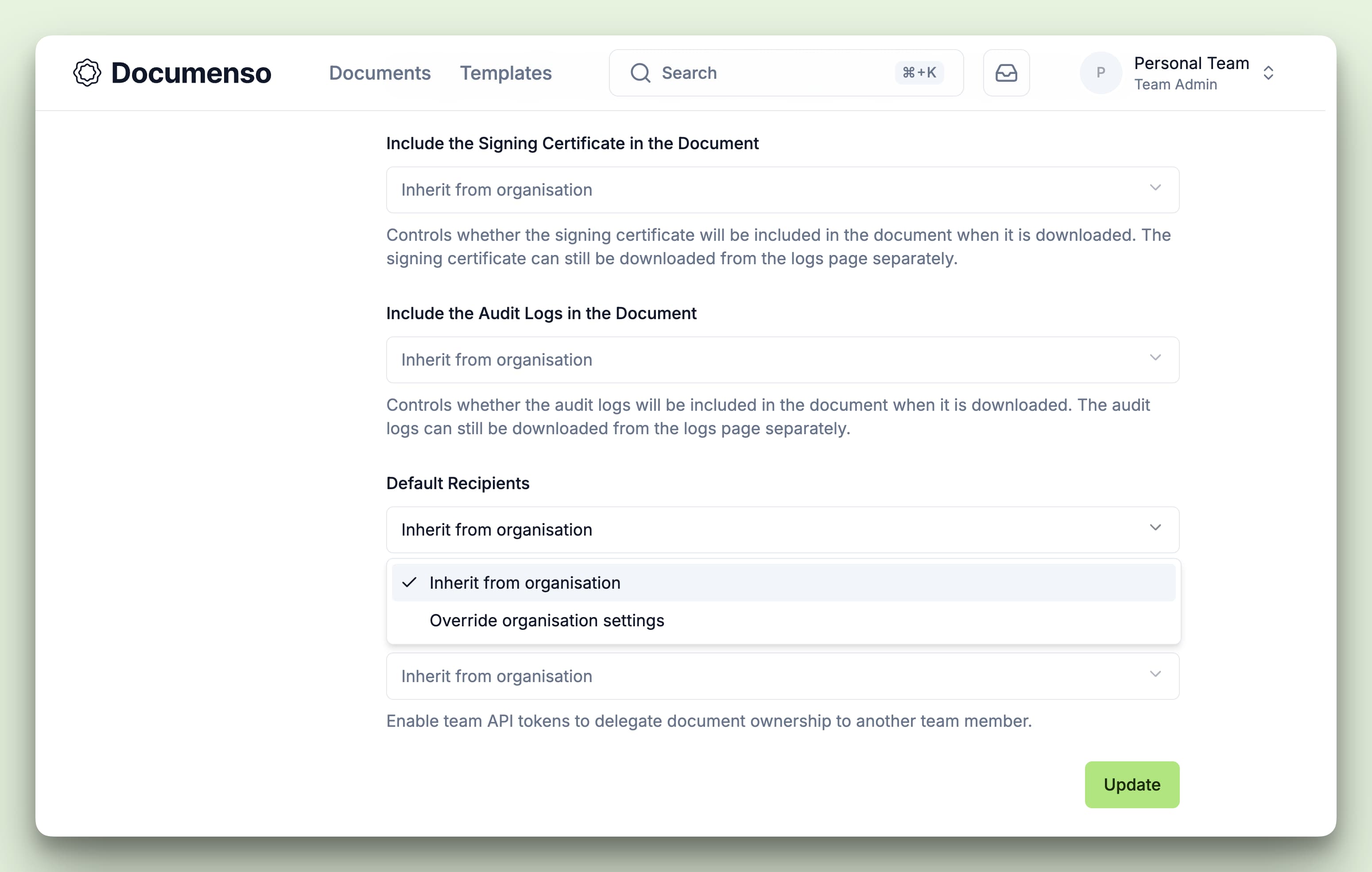 A screenshot of the team's default recipients page