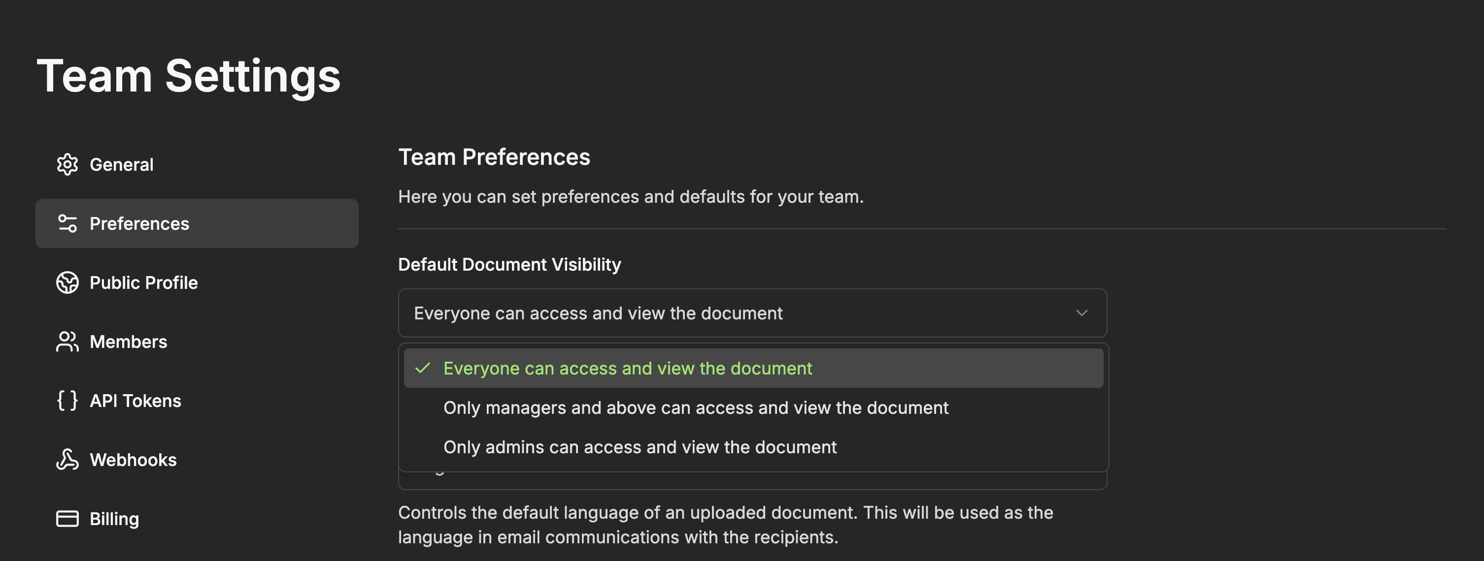 A screenshot of the document visibility selector from the team's global preferences page