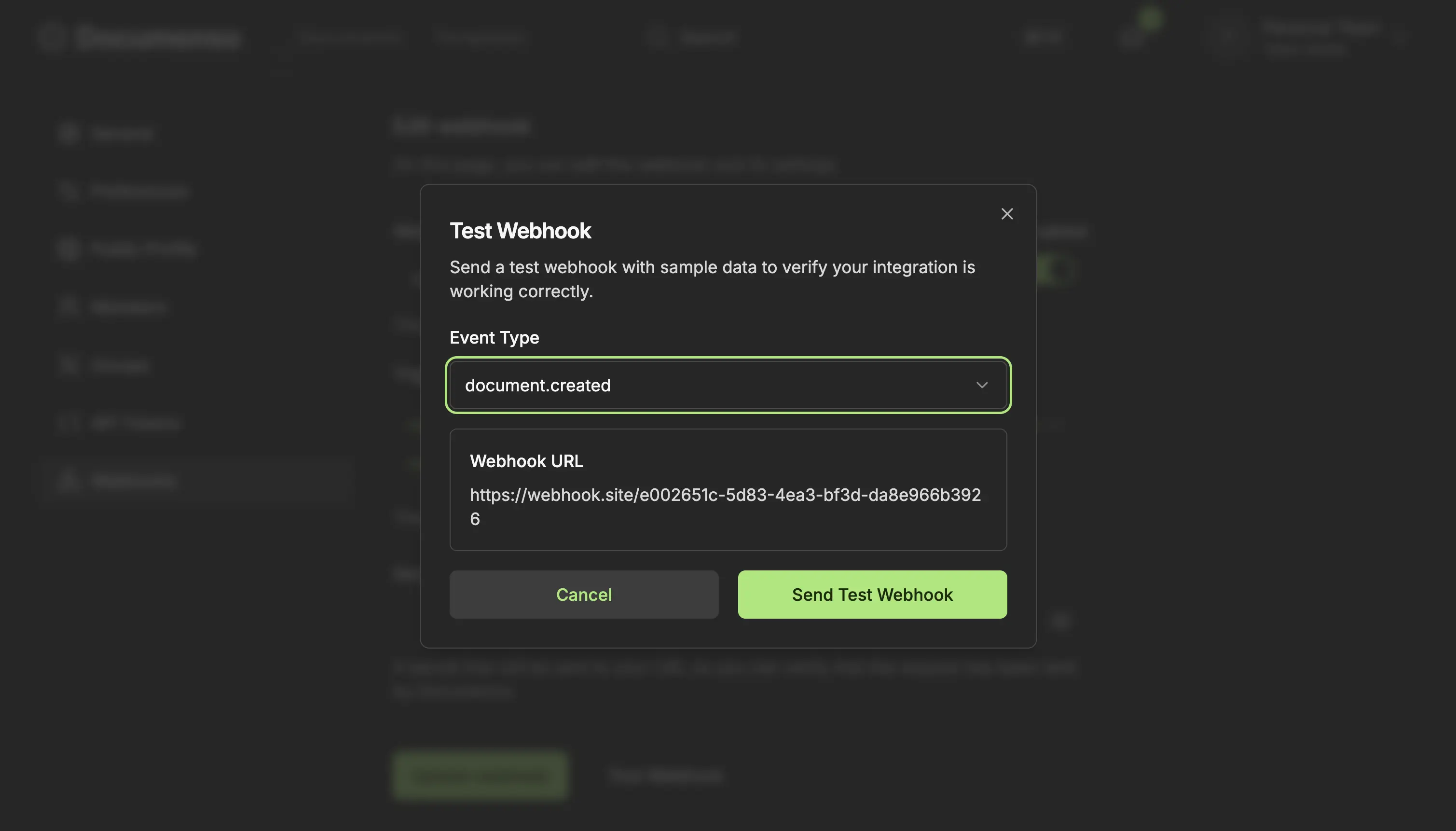 Documenso's individual webhook page