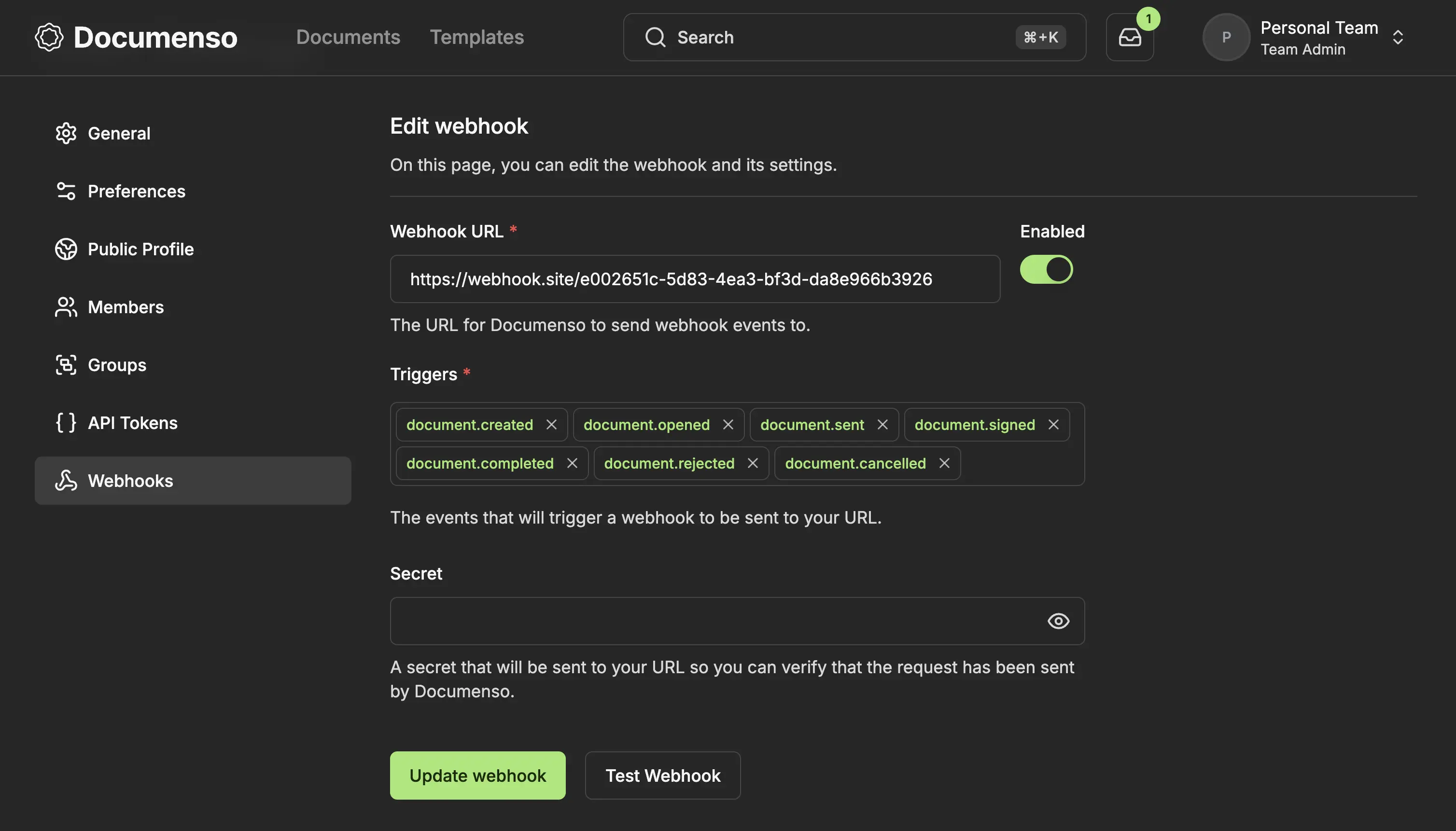 Documenso's Webhooks Page