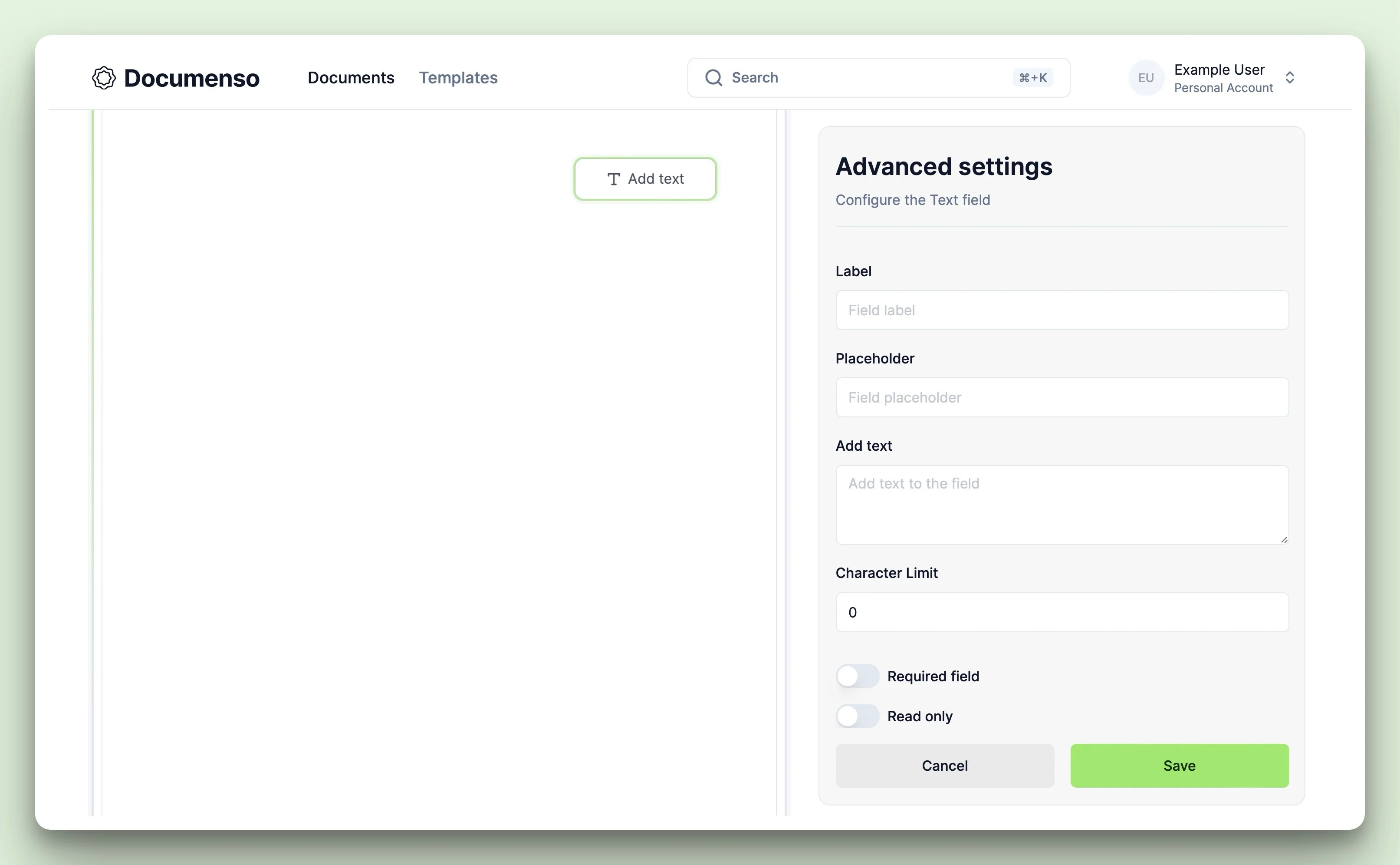 The text field settings in the Documenso document editor