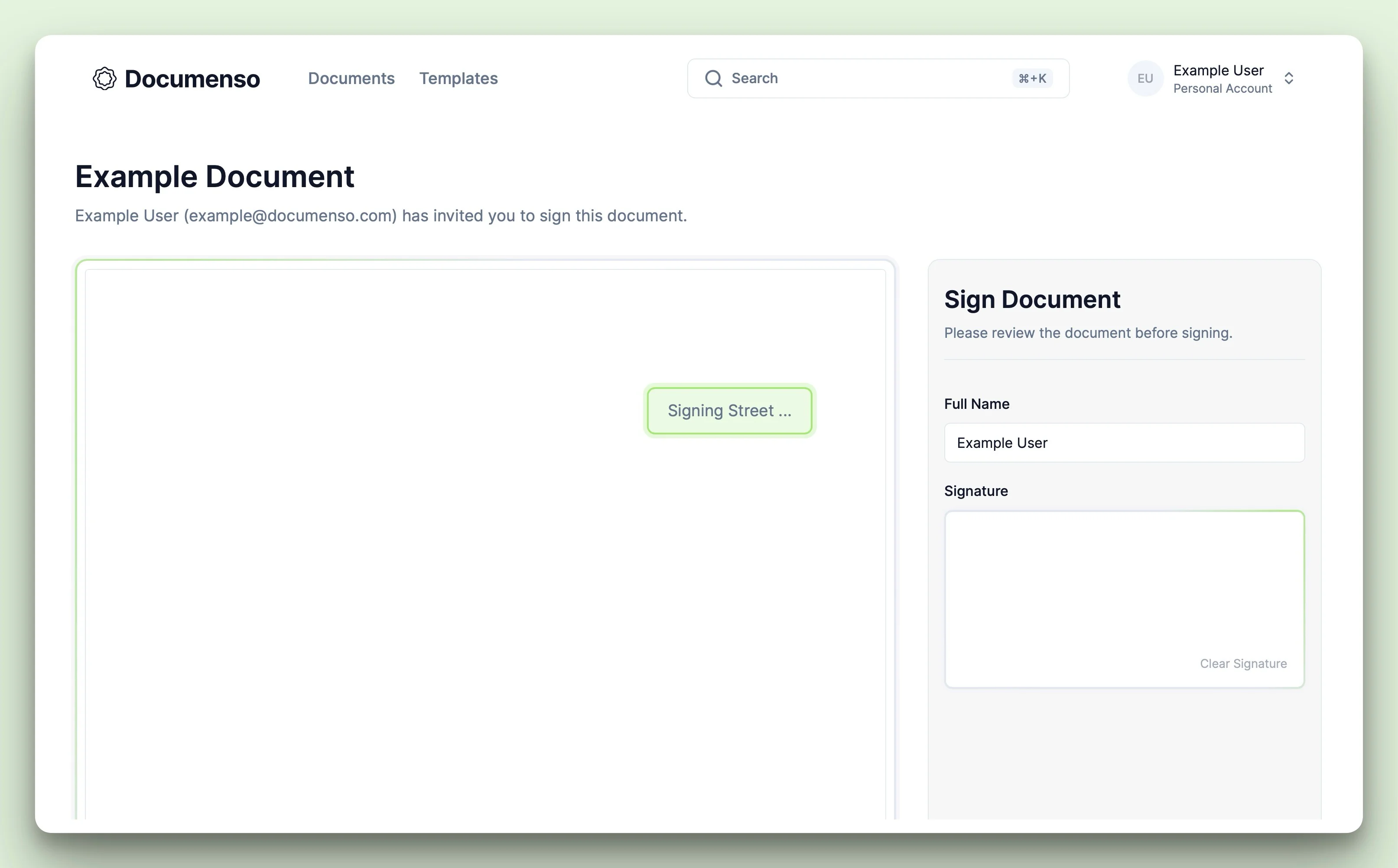 Text field with the default value signed by the user in the Documenso document signing view