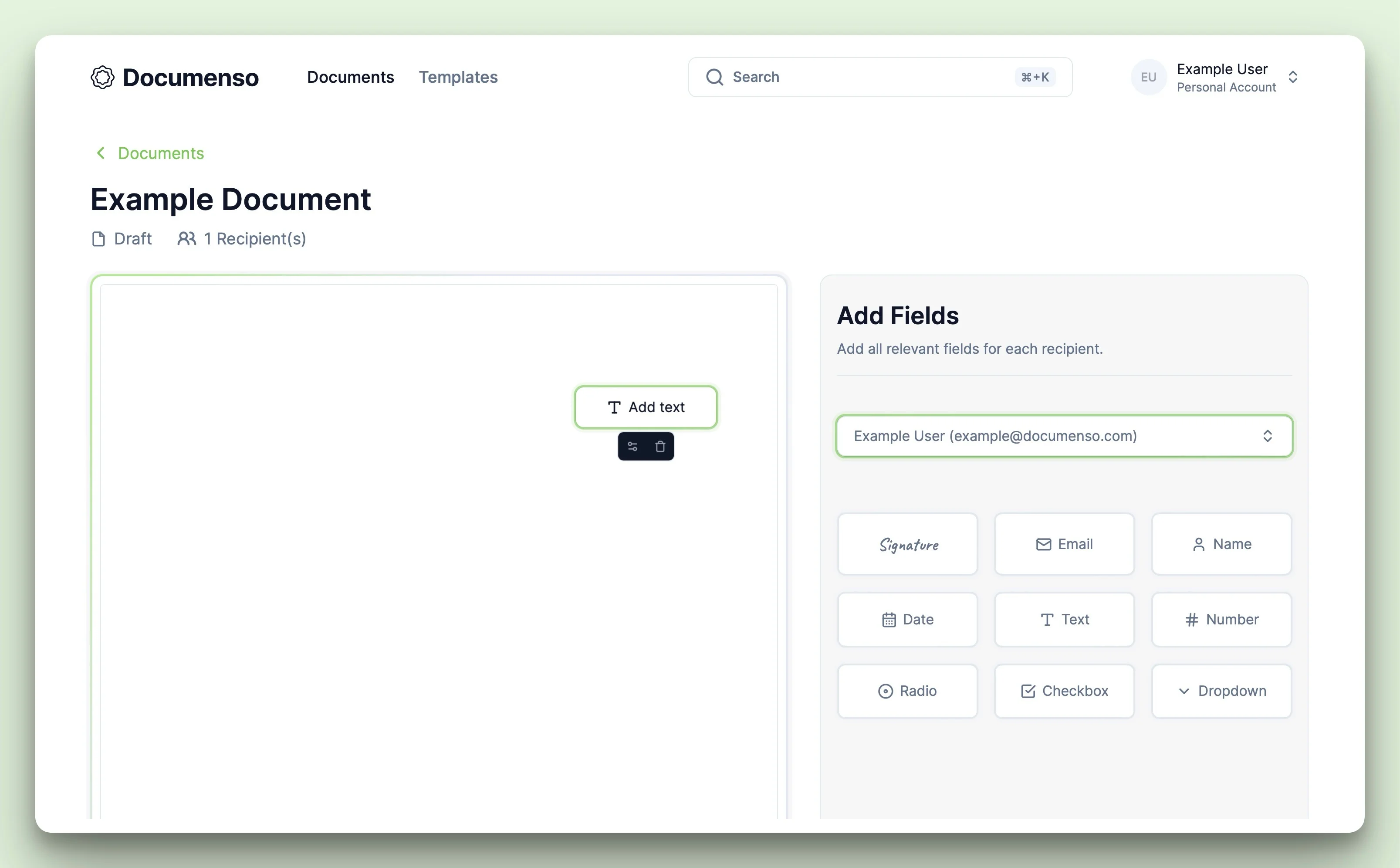 The text field in the Documenso document editor