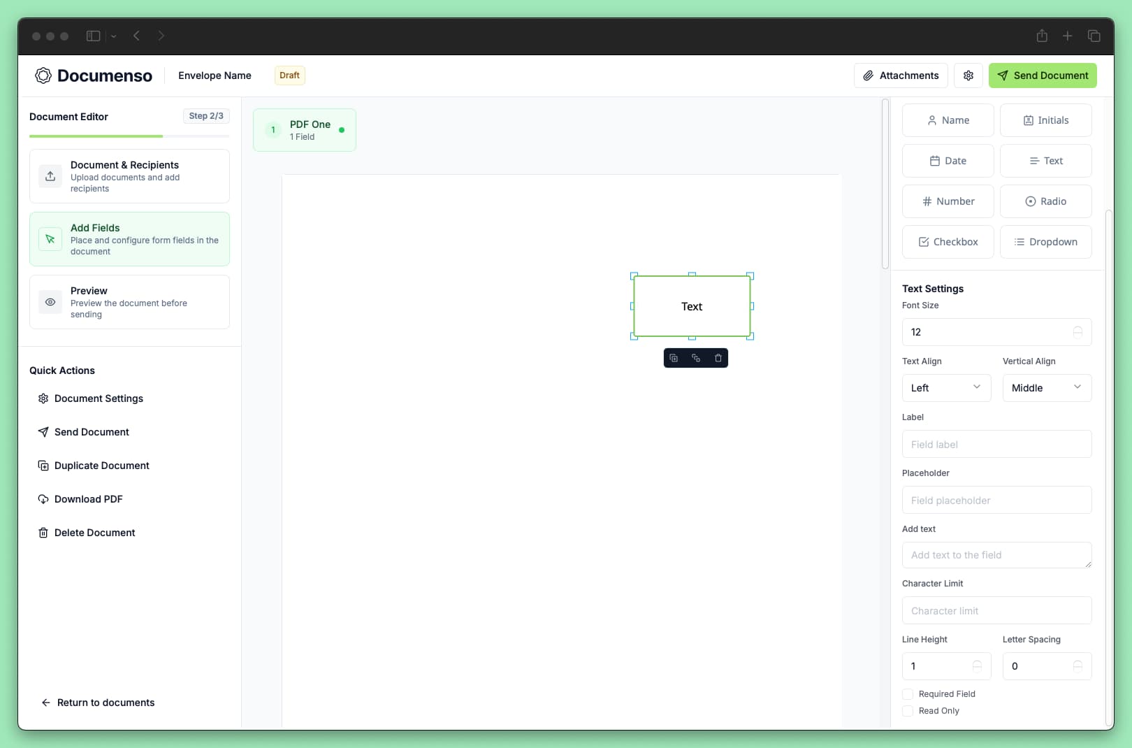 Text field in the document editor