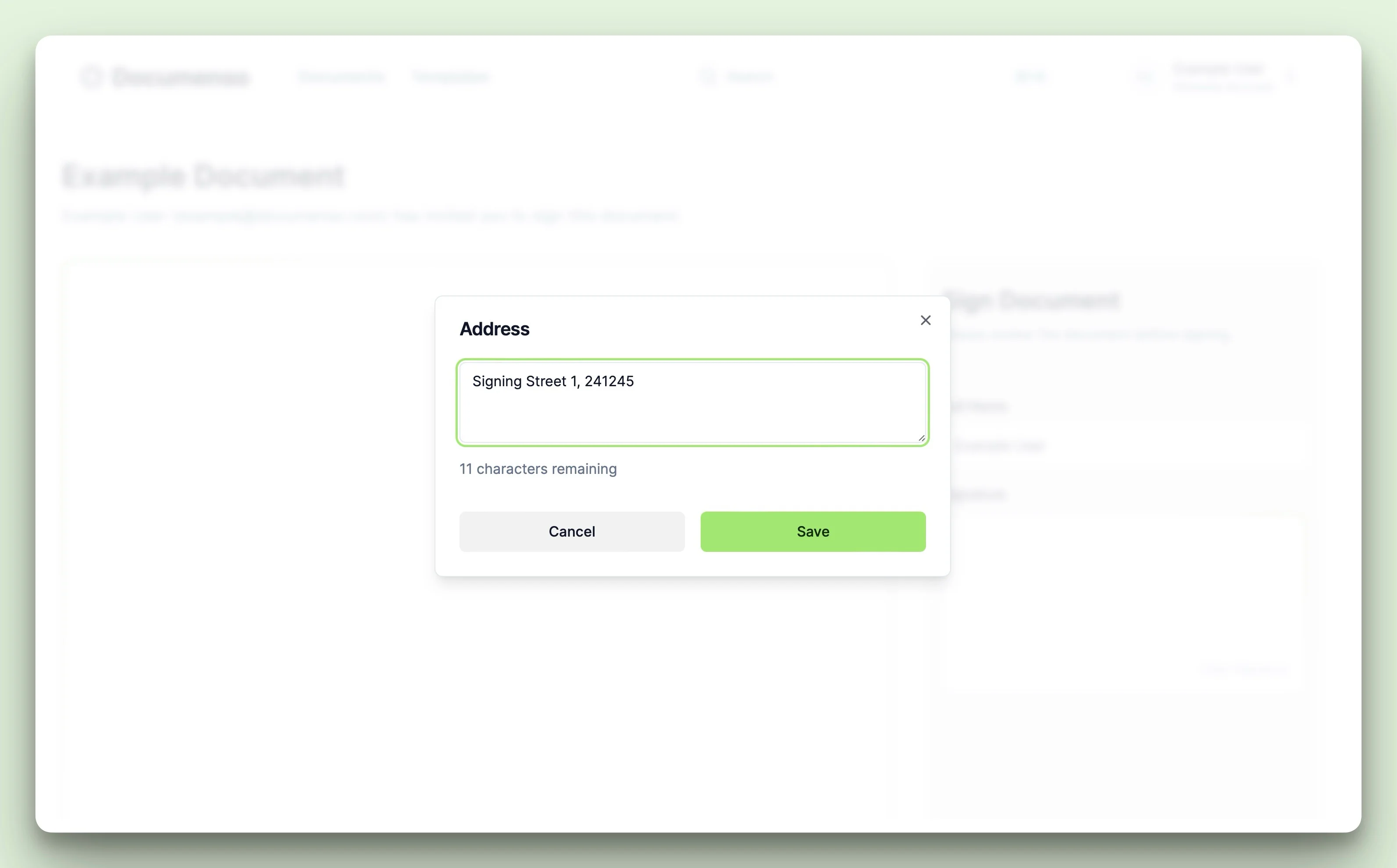 Text field with the text input in the Documenso document signing view