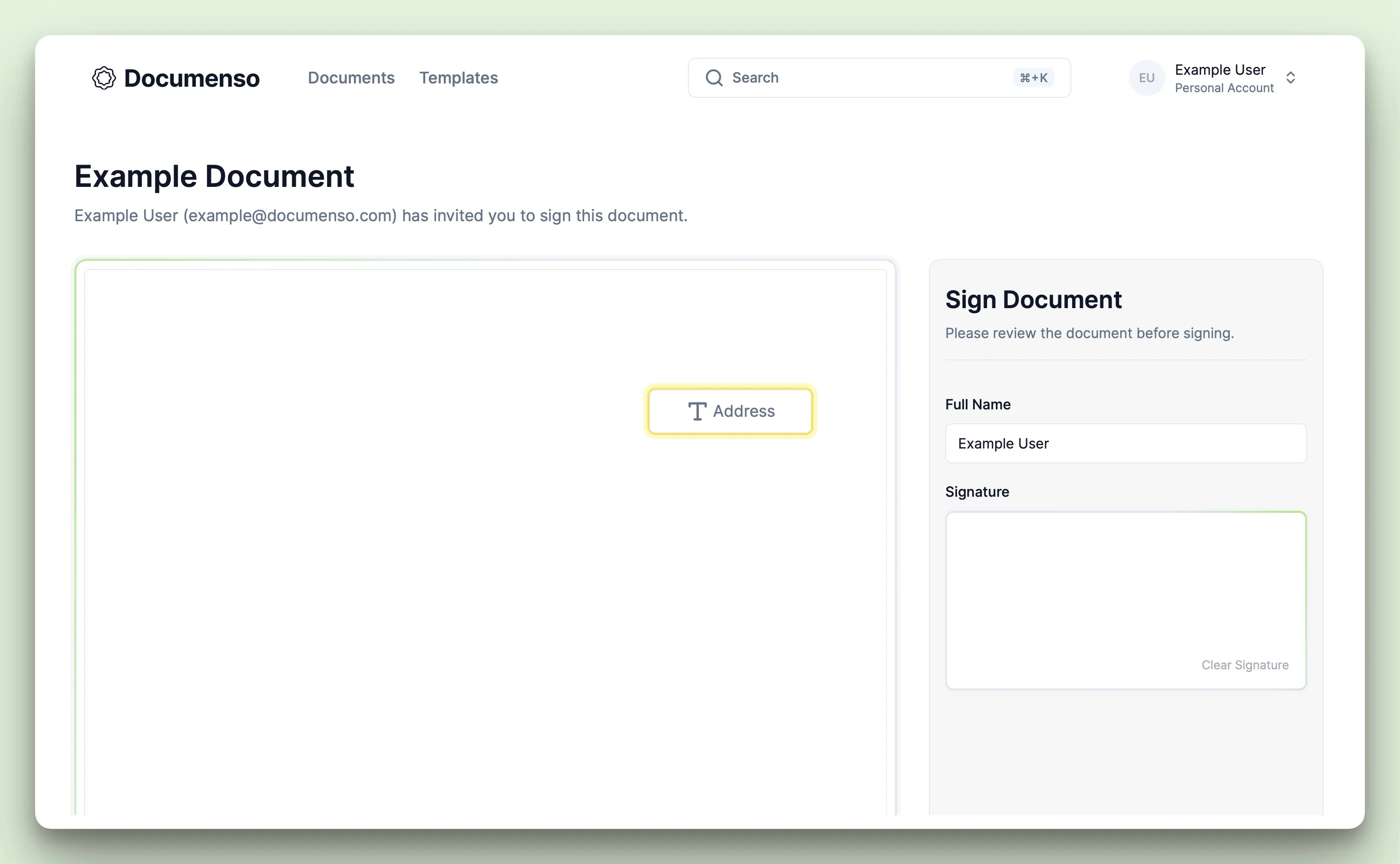 Unsigned text field in the Documenso document signing view