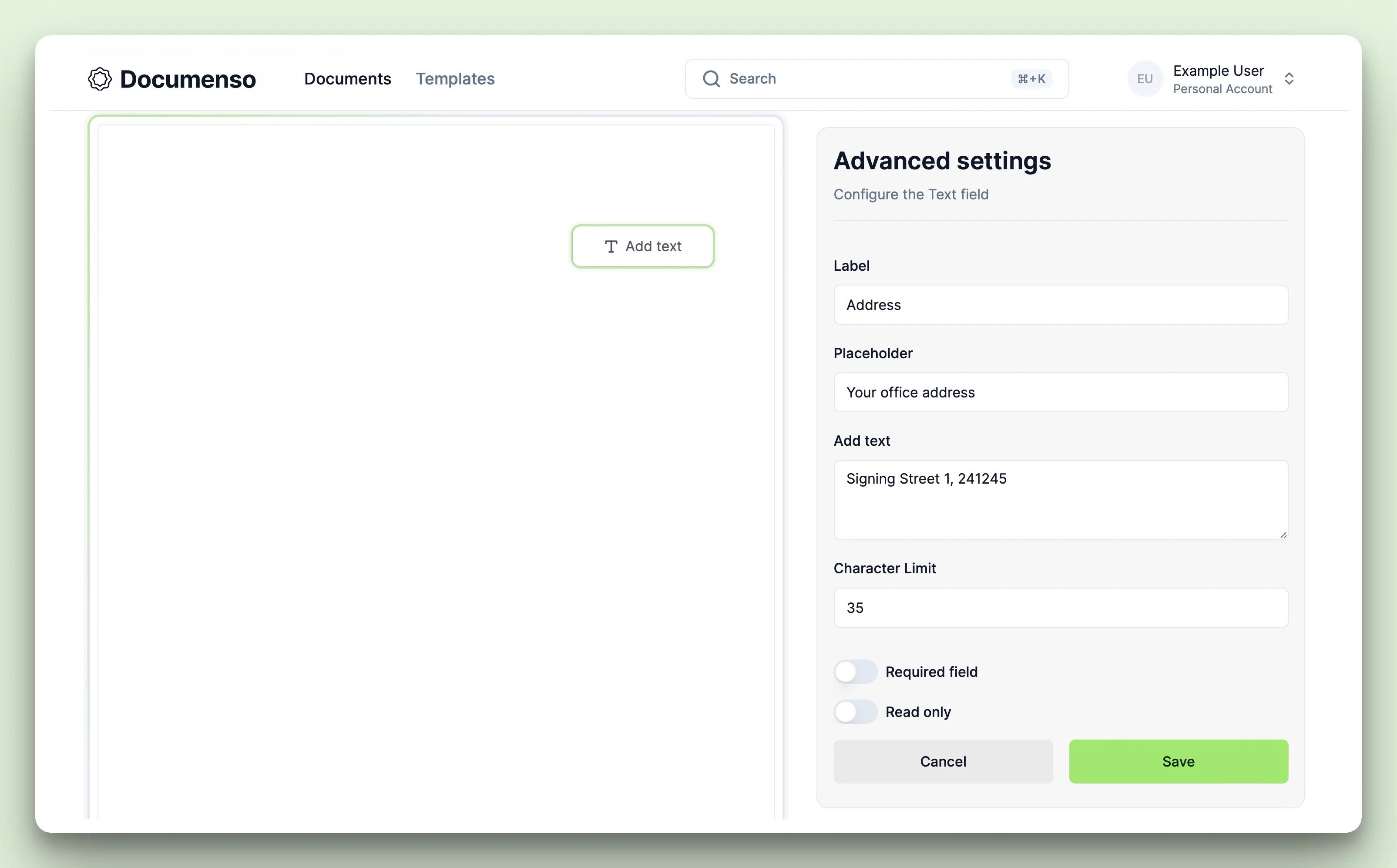 A text field with the settings configured by the user in the Documenso document editor