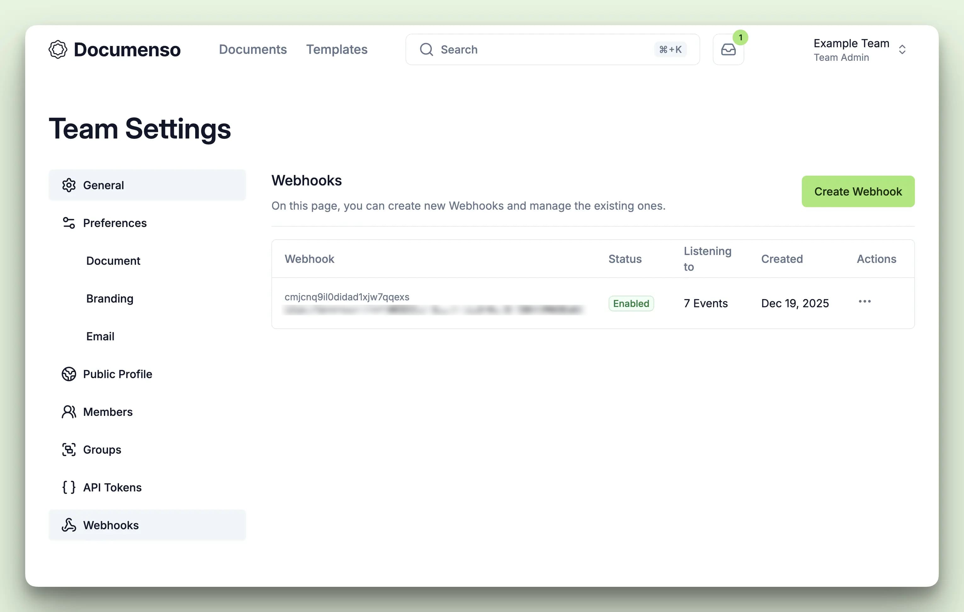 Webhooks settings page