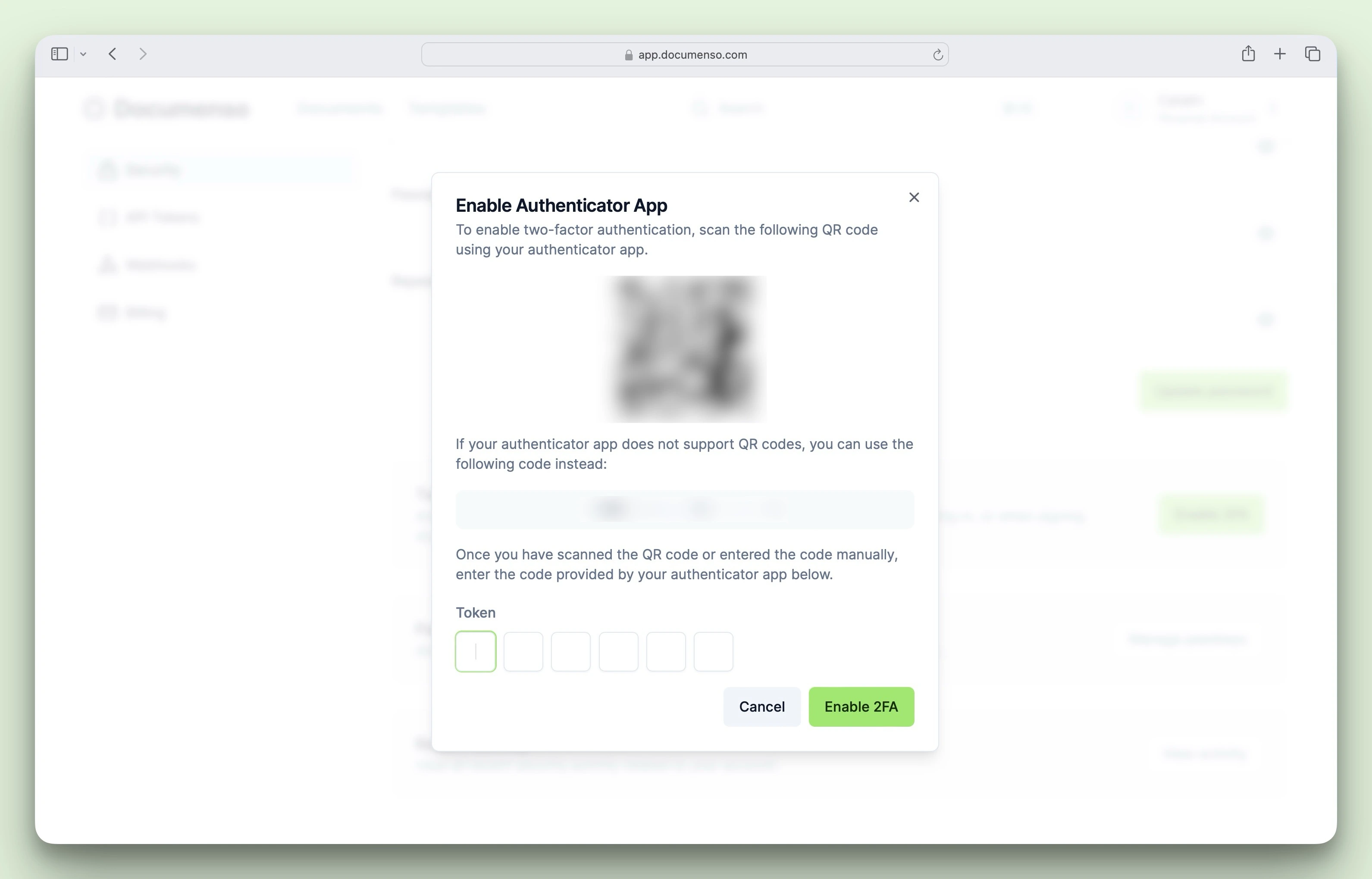 Dialog to enable two-factor authentication with QR code setup