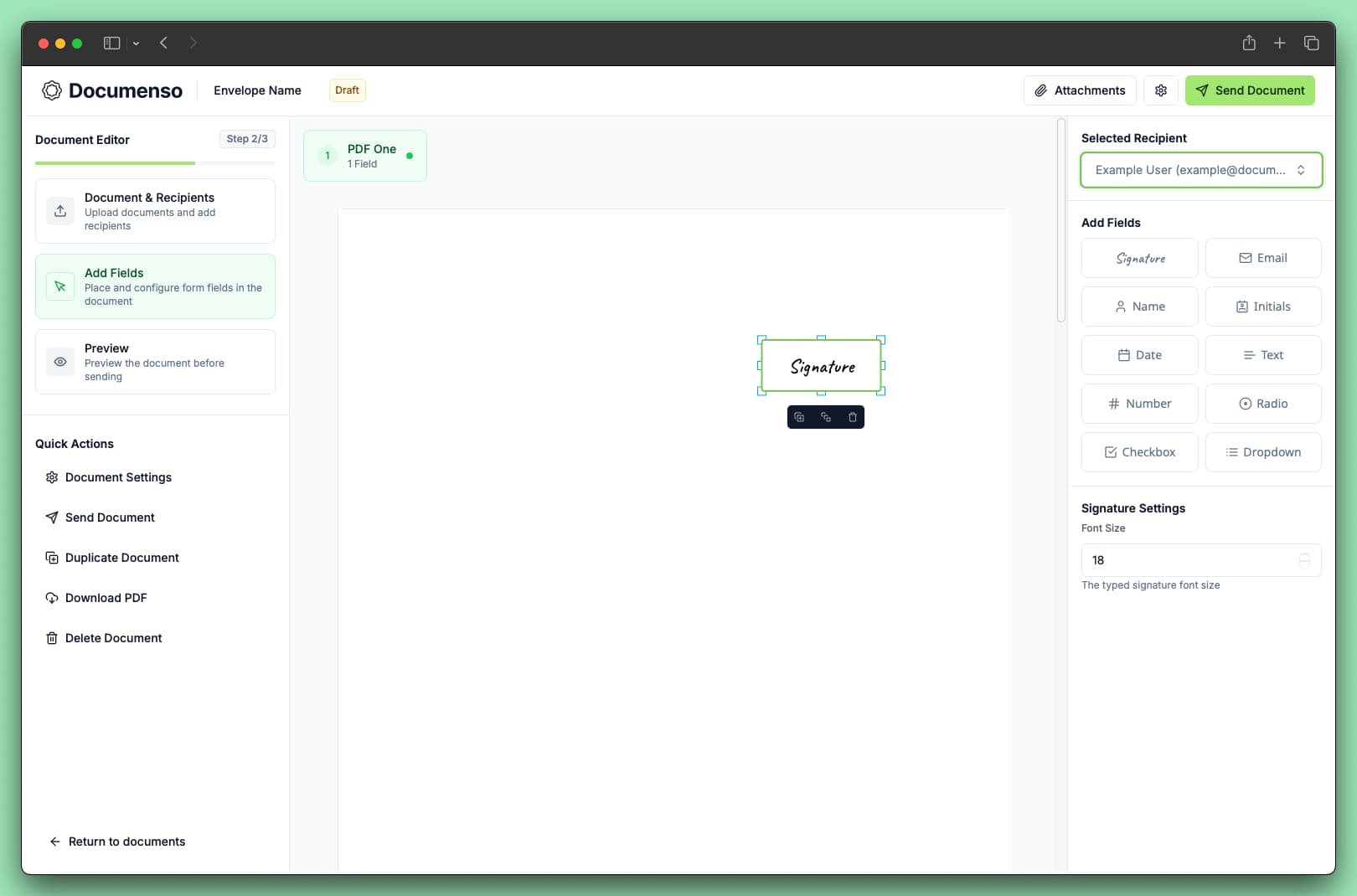 Signature field in the document editor