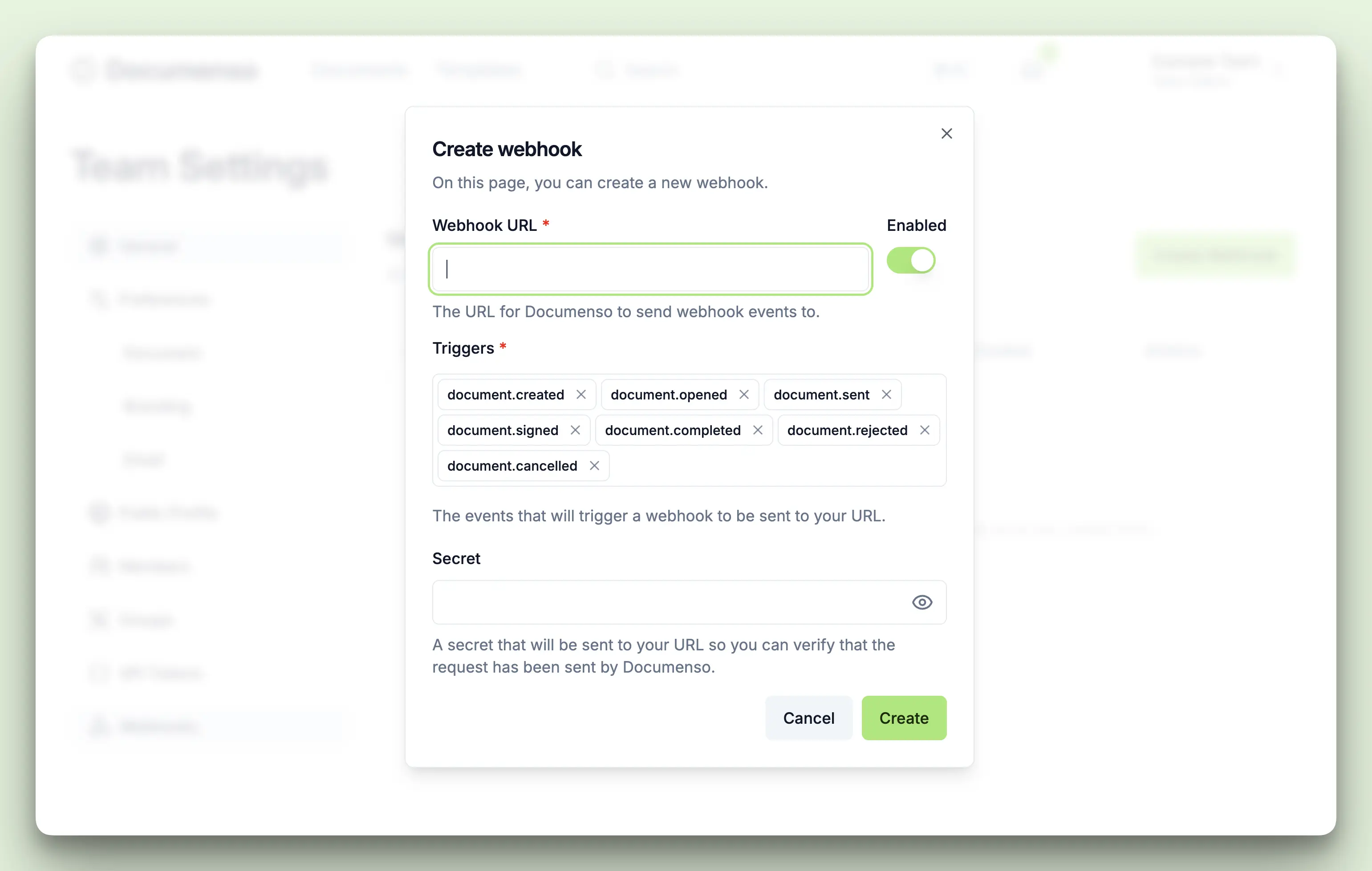 A screenshot of the Create Webhook modal that shows the URL input field and the event checkboxes
