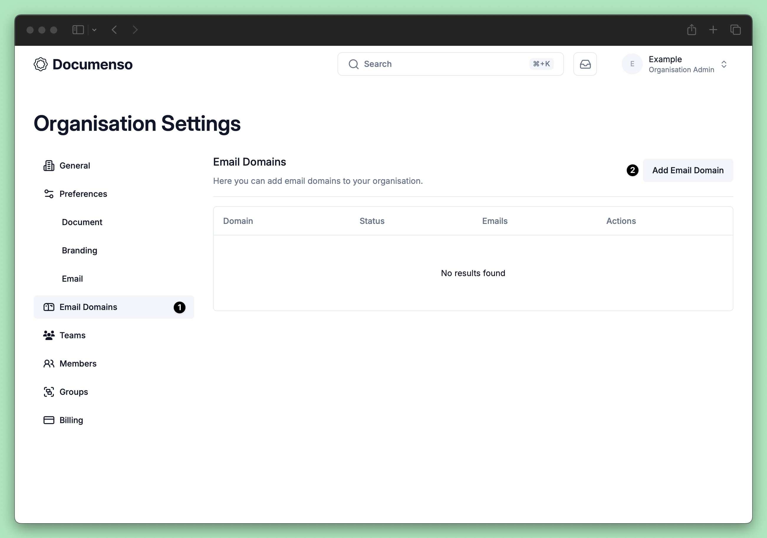 Email Domains settings page