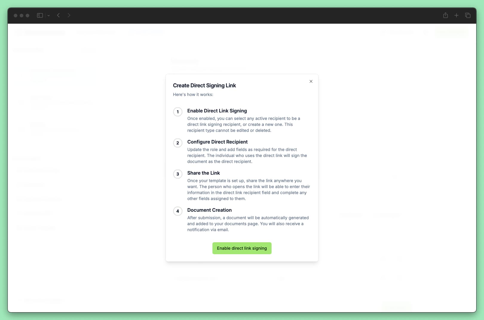 Enable the document direct link in the Documenso dashboard