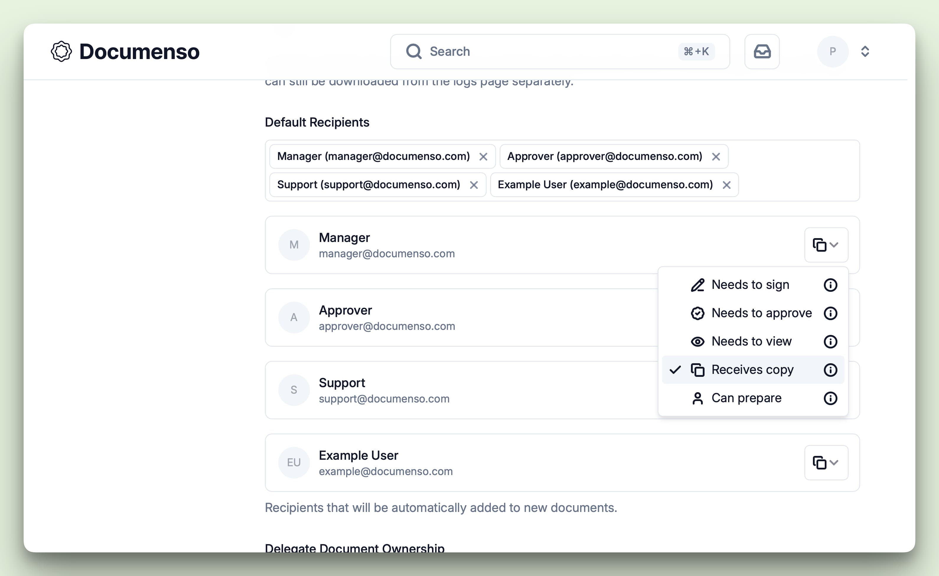 A screenshot of the organisation's default recipients page when selecting the role of the recipient