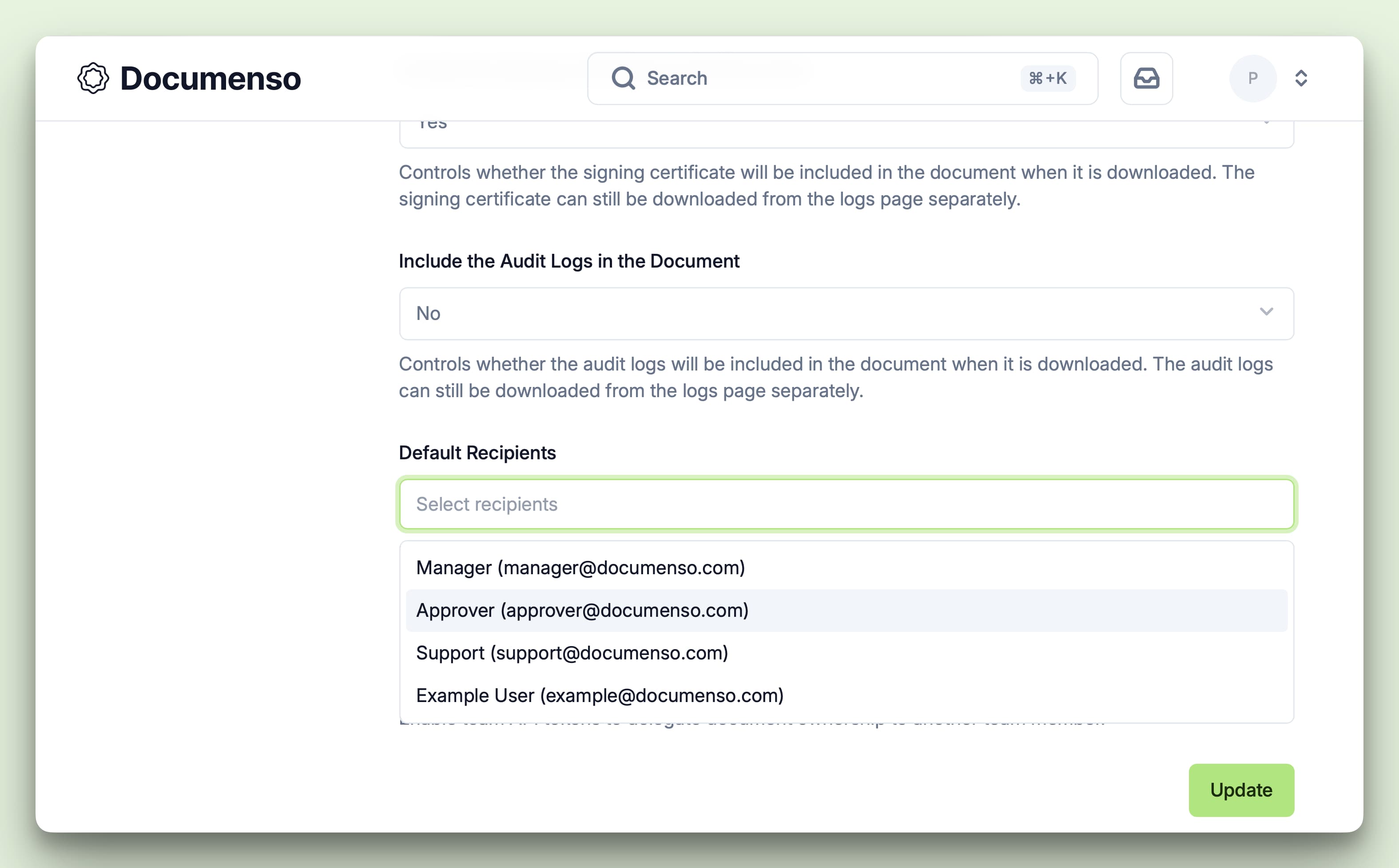 A screenshot of the organisation's default recipients page